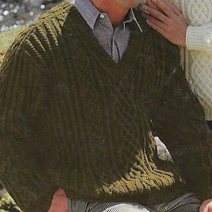 Men&#39;s & Women&#39;s Cable Aran Sweater knitting pattern 10 ply yarn or wool 30-48 inch 76-122 cm chest PDF Instant Digital Download Post Free
