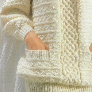 Women&#39;s Celtic Knot Panel Sweater with Pockets knitting pattern 10 ply yarn or wool 30-40 inch PDF Instant Digital Download Post Free