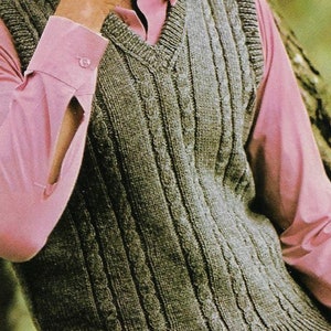 Men's V-Neck Cable Slipover Vest knitting pattern 4 ply & DK 8 ply yarn or wool 30-44 inch chest PDF Instant Digital Download Post Free