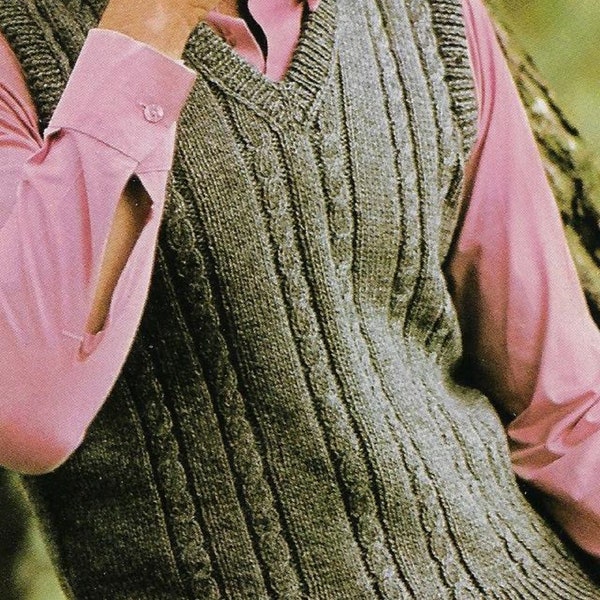 V-Neck Cable Vest Knitting Pattern 4 ply & 8 ply versions 30-44 inch PDF Download