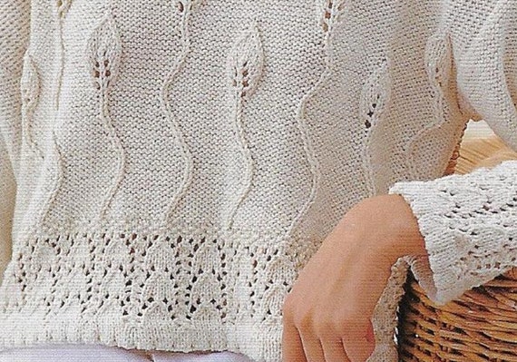 Women's Cropped Leaf Sweater Knitting Pattern DK 8 Ply Yarn