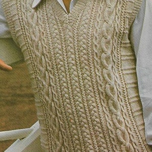Men's Cable Vest Knitting Pattern with Sleeves, Aran V-Neck (PDF Download)