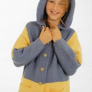 May include: A blue and yellow knitted cardigan with a hood and button fastening. The cardigan has two pockets on the bottom.