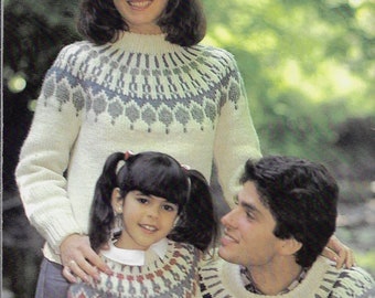 Fair Isle Yoke Sweater Knitting Pattern, Chunky Yarn Family Sizes (PDF Download)