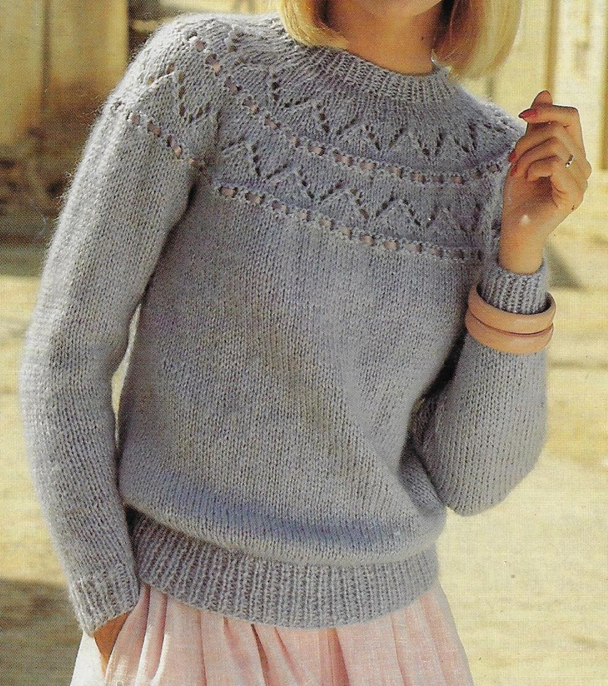 Women's Lacy Yoke Sweater Knitting Pattern 10 Ply 30-42 Inch PDF