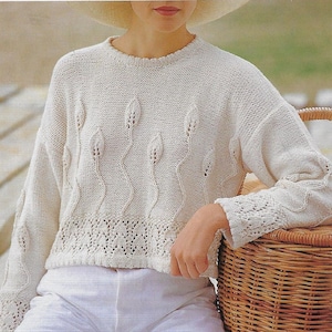 Women&#39;s Cropped Leaf Sweater knitting pattern DK 8 ply yarn or wool 32-36 inch 81-91 cm bust PDF Instant Digital Download Post Free