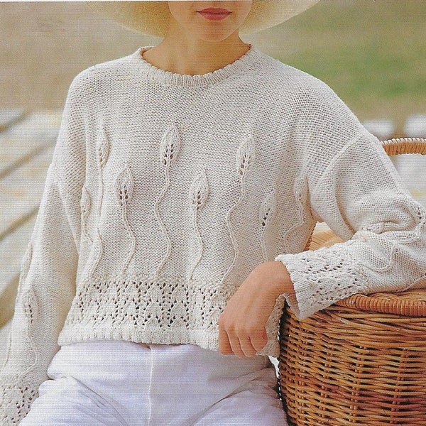 Women's Cropped Leaf Sweater knitting pattern DK 8 ply yarn or wool 32-36 inch 81-91 cm bust PDF Instant Digital Download Post Free