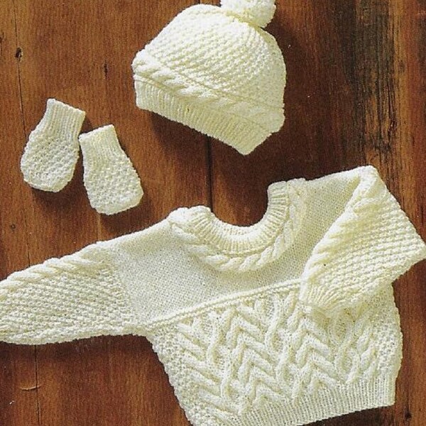 Baby's Cable Aran Sweater Hat & Mittens knitting pattern DK 8 ply yarn or wool 16-22 inch 41-56 cm chest PDF Instant Download Post Free