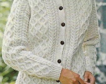 Vintage Aran Cardigan Knitting Pattern, DK 8 ply yarn 32-40 inch (PDF Download)