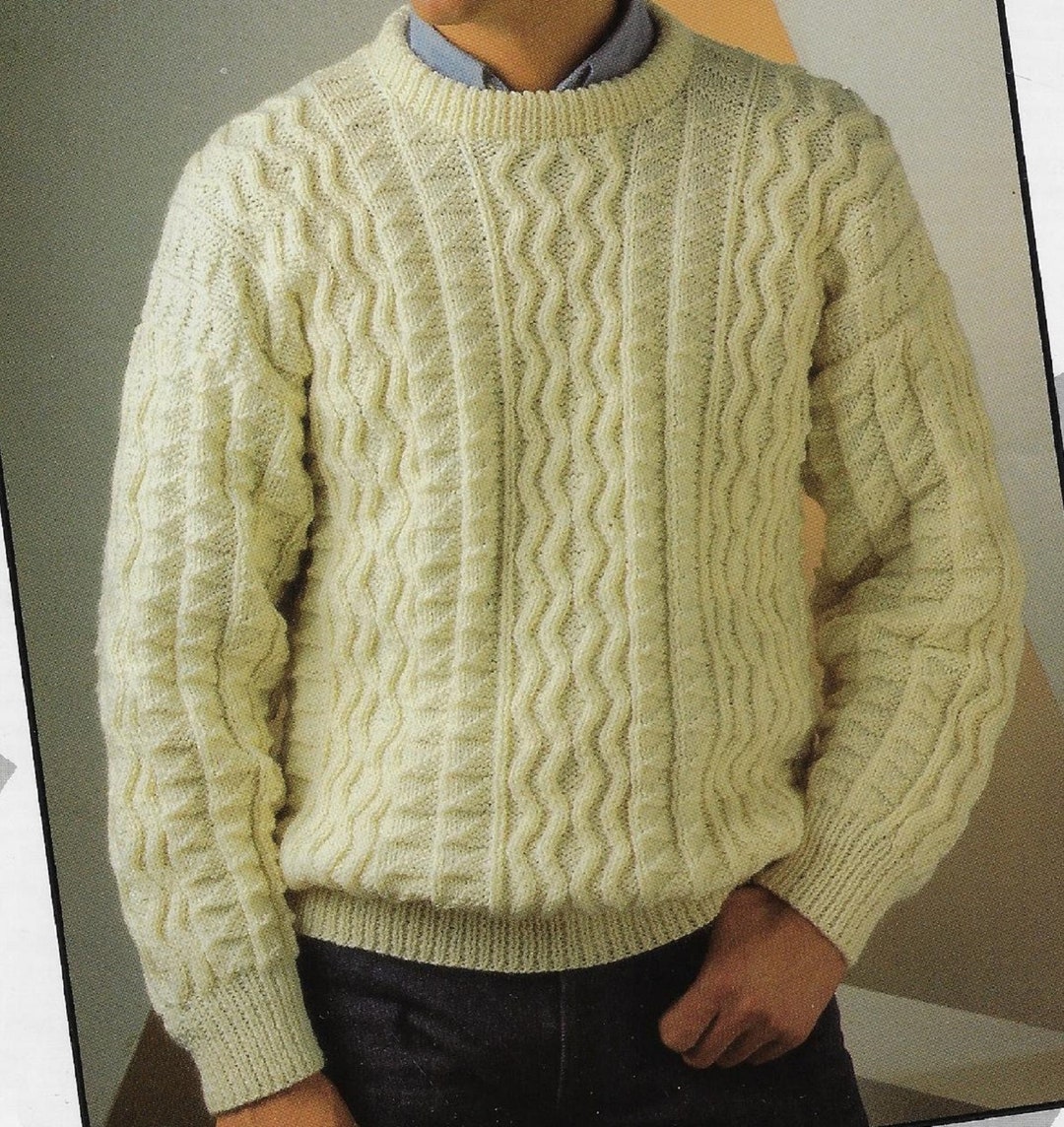 Men's Aran Sweater Knitting Pattern 10 Ply Yarn or Wool 3646 Inch 91