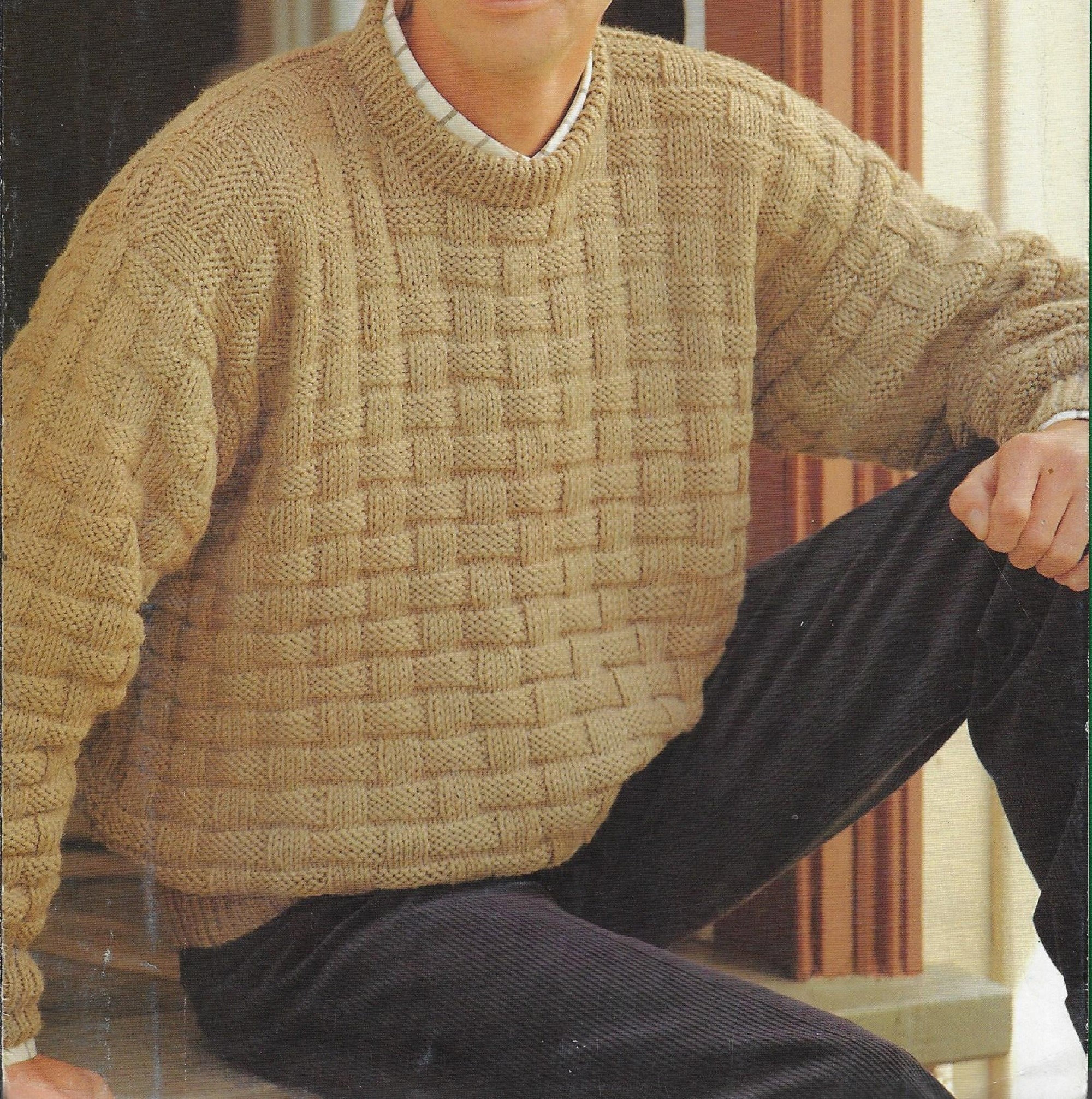 Men's All-over Basketweave Sweater Knitting Pattern 12 Ply Triple