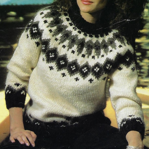 Women's Fairisle Yoke Sweater knitting pattern 12 ply Lopi chunky yarn 34-38 inch 86-96 cm bust PDF Instant Digital Download Post Free