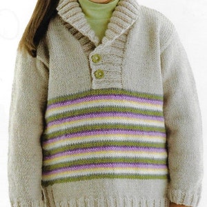 May include: A beige knitted jumper with a wide collar and a button placket. The jumper has a striped pattern in shades of green, purple, and yellow.