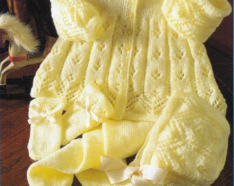 Baby Pram Set - Matinee Coat Leggings Hat Mitts knitting pattern 4 ply 16-22 inch 41-56 cm chest PDF Instant Digital Download Post Free