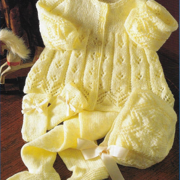 Baby Pram Set - Matinee Coat Leggings Hat Mitts knitting pattern 4 ply 16-22 inch 41-56 cm chest PDF Instant Digital Download Post Free