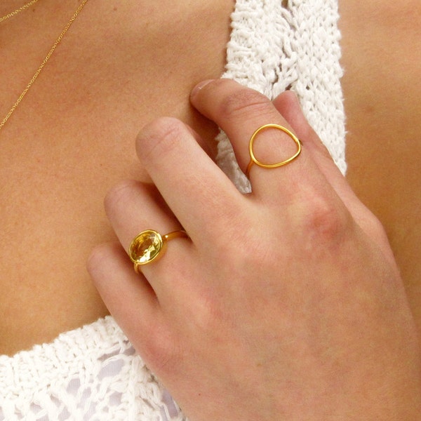Citrine Oval Gemstone Ring - Gold Ring - Stackable Ring - Citrine Jewelry - Bezel Ring