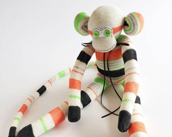 Striped Sock Monkey Plush: 21&quot; Handmade Stuffed Animal