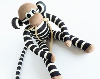 Black Striped Sock Monkey - Sock Monkey - Sailor Striped Plush - Ivory Stuffed Monkey - Ivory Striped Sock Monkey - Beige Striped Monkey