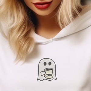 Cute Ghost Coffee Sweatshirt- Womens Ghost Sweatshirt- Coffee Sweatshirt- Coffee Hoodie - Fall Coffee Lover Hoodie - Embroidered Sweatshirt