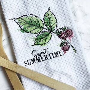 Raspberry Embroidered Towel - Embroidered Waffle Towel - Summer Kitchen Towel - Custom Kitchen Embroidered Towel - Raspberry Towel - Custom