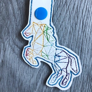 Geometric Rainbow Unicorn Keychain: Embroidered Vinyl Snap Tab