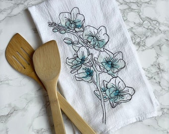 Orchid Flour Sack Towel - Watercolor Orchid Towel - Blue Orchid Flour Sack Towel - Orchid Tea Towel - Orchid Kitchen Towel - Orchid Towel