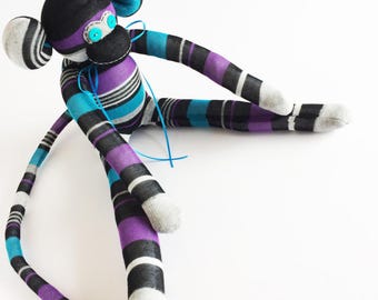 Striped Sock Monkey - Purple Sock Monkey -Striped- Monkey Stuffed Animal - Blue Monkey Plush - Striped Stuffed Animal - Unisex Sock Monkey