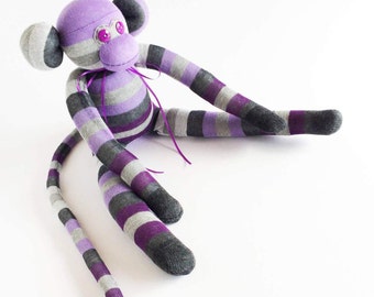 Striped Sock Monkey Plush: Purple, Lilac & Grey - Handmade