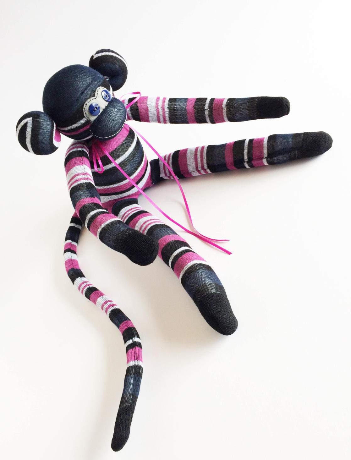 Striped Sock Monkey Plush: Fuchsia, Navy, Grey - 21 Inch
