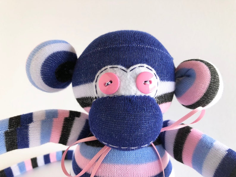 Striped Sock Monkey -Black Sock Monkey-Striped- Monkey Stuffed Animal Unisex Sock Monkey Striped Stuffed Animal White Monkey Plush