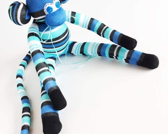 Striped Sock Monkey Plush: Teal, Aqua, & Black - 21 Inch
