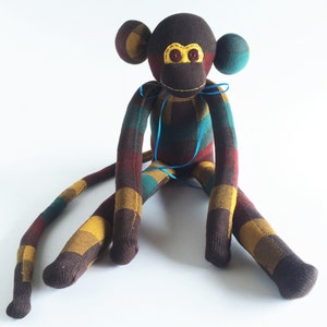 Handmade Plaid Sock Monkey: Brown, Gold, Teal - 22.5 inch