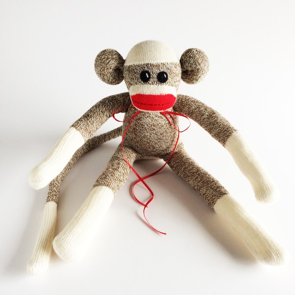 Medium Rockford Red Heel Sock Monkey-Sock Monkey-Original Sock Monkey-Traditional Sock Monkey-Brown Sock Monkey-Red Mouth Sock Monkey