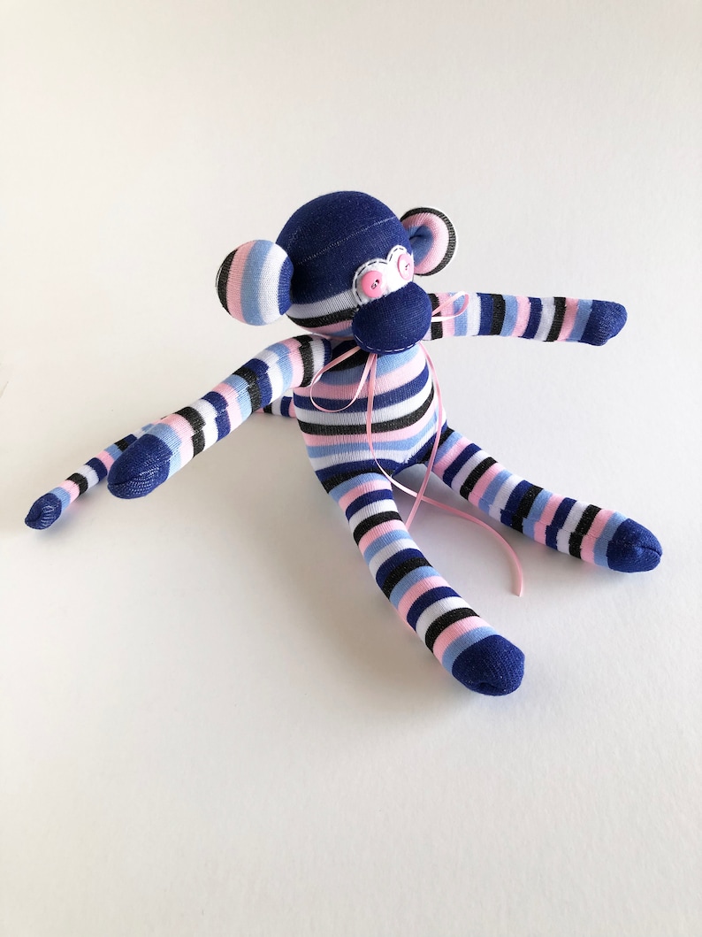 Striped Sock Monkey -Black Sock Monkey-Striped- Monkey Stuffed Animal Unisex Sock Monkey Striped Stuffed Animal White Monkey Plush