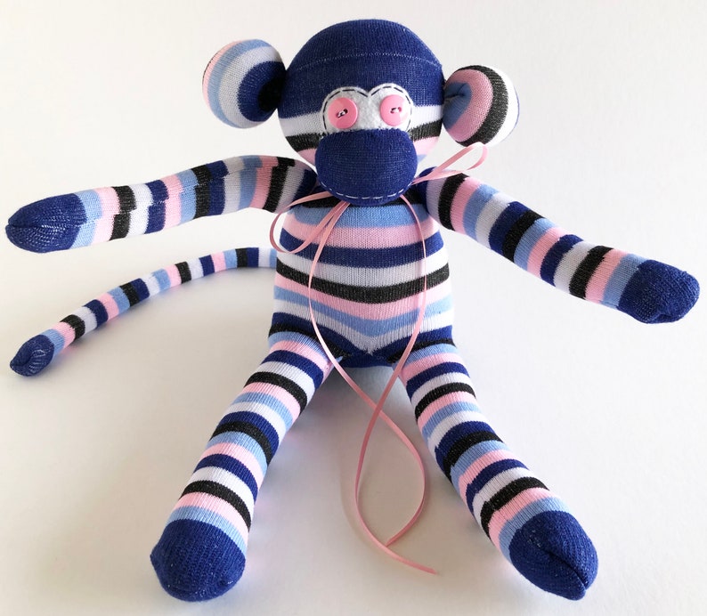 Striped Sock Monkey -Black Sock Monkey-Striped- Monkey Stuffed Animal Unisex Sock Monkey Striped Stuffed Animal White Monkey Plush