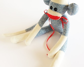 Large Blue Rockford Red Heel Sock Monkey - Sock Monkey - Original Sock Monkey - Blue Sock Monkey - Blue Monkey - Red Mouth Sock Monkey