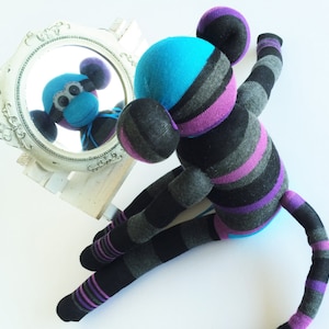 Striped Purple Sock Monkey -Grey Sock Monkey-Striped- Monkey Stuffed Animal - Monkey Plush - Striped Stuffed Animal - Unisex Sock Monkey