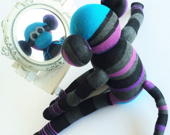 Striped Sock Monkey Plush: Teal, Purple, Grey - 21 Inch