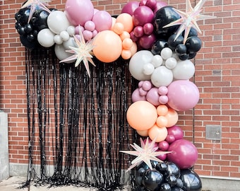 Halloween Balloon Garland Backdrop | Witchy Party Decor | Black & Purple Balloon Arch with Stars | Spooky Birthday or Photo Booth