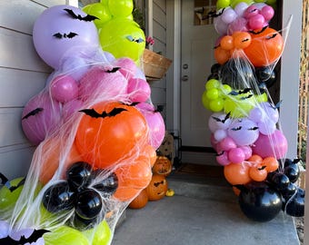 Halloween-ballonggirlang-kit – svart, orange, lila och neon – gör-det-själv-båge med fladdermusdetaljer
