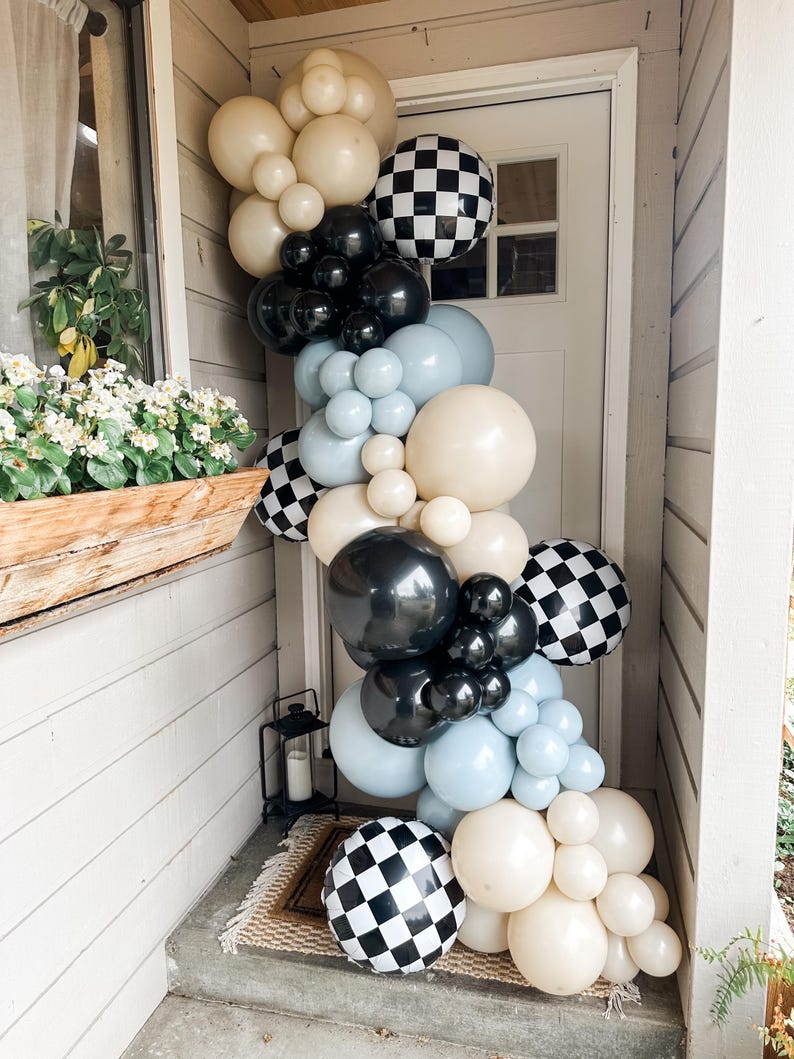 Black, Beige & Light Blue With Checkered Balloons, Balloon Kit Race Car ...