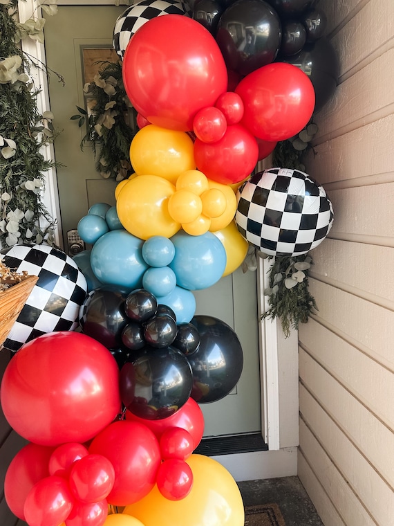 10ft Race Car Balloon Garland Kit | Cars Birthday Balloon Arch | Red Yellow Blue Black Checkered Balloon Garland | DIY Party Backdrop