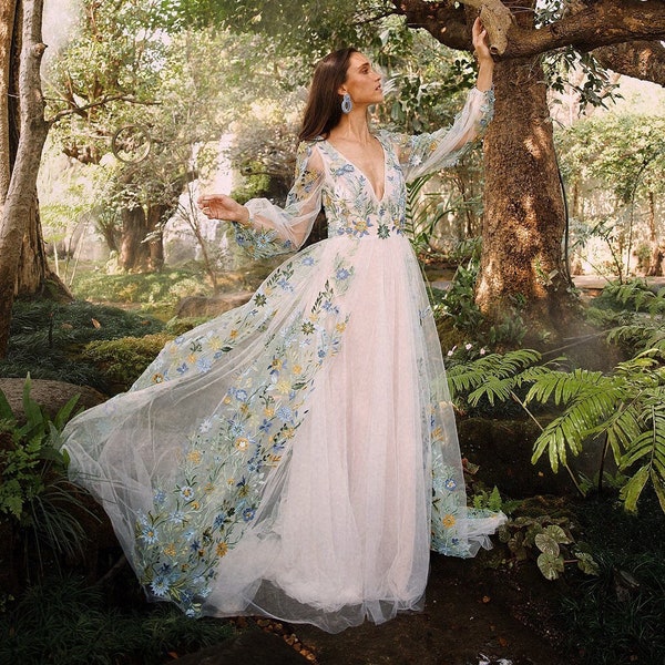 Colorful Garden Wedding Dress / Boho Chic Wedding Dress / Unique Wedding Dress / Fairy Wedding Dress / Romantic Bridal - Primrose - SAMPLE