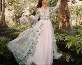 Colorful Garden Wedding Dress / Boho Chic Wedding Dress / Unique Wedding Dress / Fairy Wedding Dress / Romantic Bridal - Primrose - SAMPLE