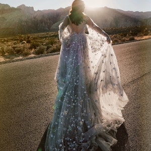 Nova - Star Wedding Dress | Gray Tulle Wedding Dress | Boho Stars Wedding | Celestial Tulle Grey Bridal Gown - SAMPLE