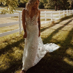 Dawn -Boho Wedding Dress Floral Embroidery Bohemian Wedding Dress-Side Slit Illusion Tulle Boho Wedding Dress-A-Line Gown - MADE TO ORDER