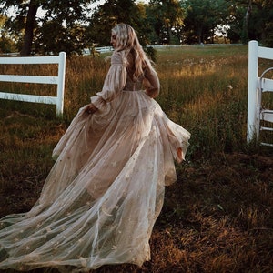 Starlight | Unique Boho Wedding Dress | Star Celestial Dress | Stars & Moon Appliqués | Made To Order 5-7 Month Delivery