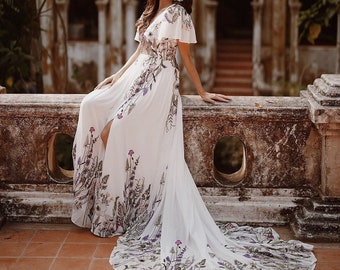 Embroidered Unique Floral Wedding Dress | Bridal Gown With Color | Boho Romantic Wedding Dress - Pandora - MADE TO ORDER