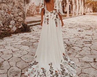 Flower Wedding Dress | Color Wedding Dress With Sleeves | Embroidered Botanical Wedding Dress | Unique Bridal Gown | Flora Dress