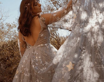 Gray Star Wedding Dress | Celestial Dress For Unique Bride | Bohemian Tulle Wedding Dress | Star Dress - Nova - SAMPLE